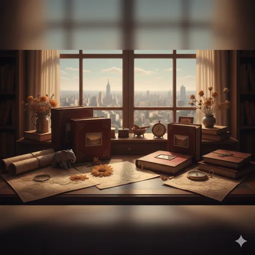 机の上に広げられた古いアルバムや地図と、窓の外に広がる過去を回想させる街並みの風景。