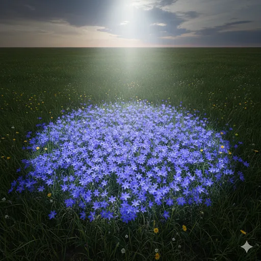 広大な野原に落ちる光の輪が、そこに咲く特定の種類の花々だけを照らし出し、一つのグループとして境界を作っている風景。