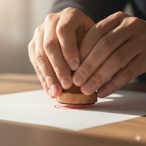 重厚な契約書に対し、指先に力を込めてゆっくりと印鑑を押しつける瞬間のクローズアップ。