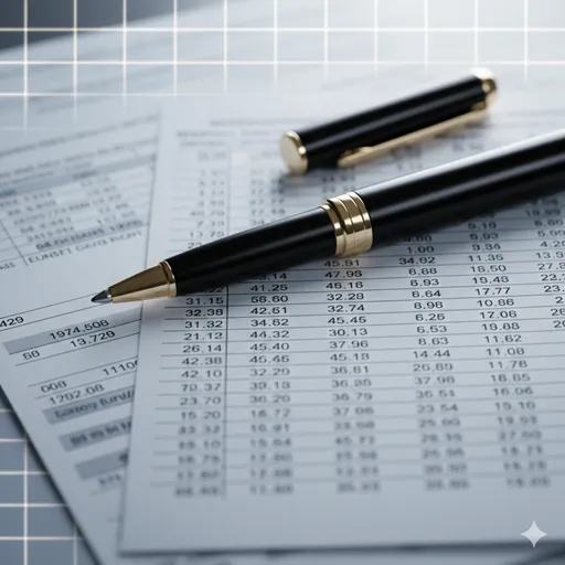 拡大された領収書の束と、精密な数字を指し示すペン先。