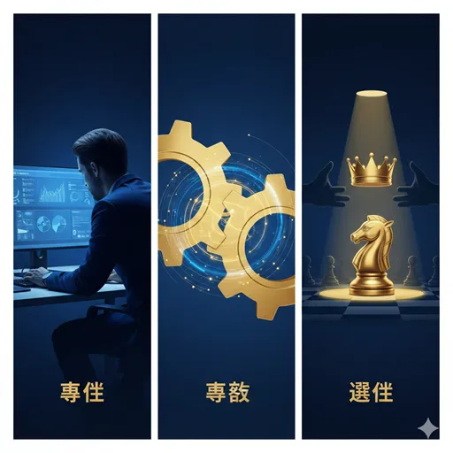 一つのデスクで集中する人物、強い絆を示す契約のイメージ、そして大勢の中から選ばれる人物を象徴的に描いたメインビジュアル。