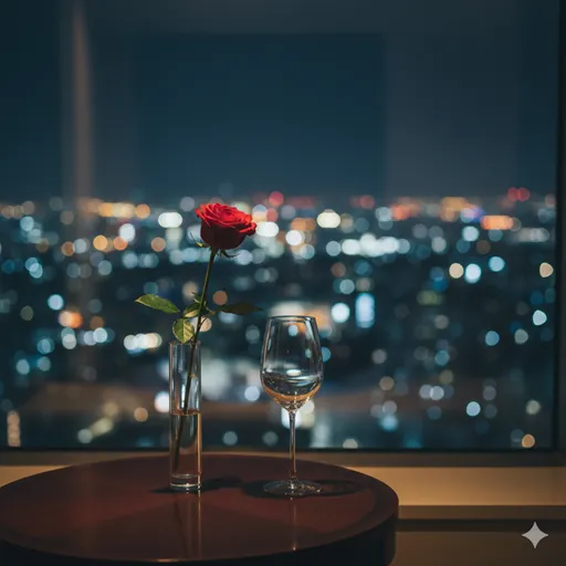 窓の外に見える美しい夜景を背景に、一輪の洗練された花と上質なワイングラスが置かれた静かな空間。