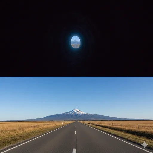 暗いトンネルの先に見える小さな出口の光（目処）と、広大な平原の先にそびえ立つ高い塔（目途）を対比させたメインビジュアル。