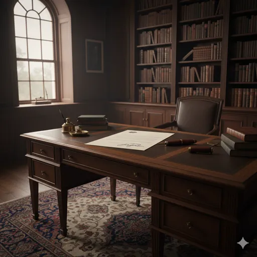 不在の人物の役割を果たすために、代理のペンや書面が重厚な役割を担っている象徴的なシーン。