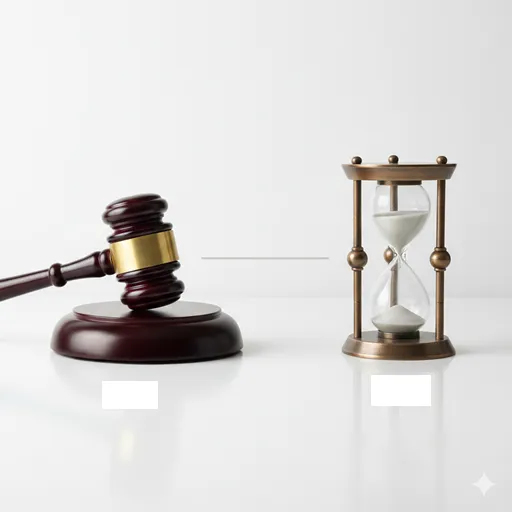 公的な裁判所の法槌（ハンマー）と、心に澱のように残る砂時計を並べた概念図。
