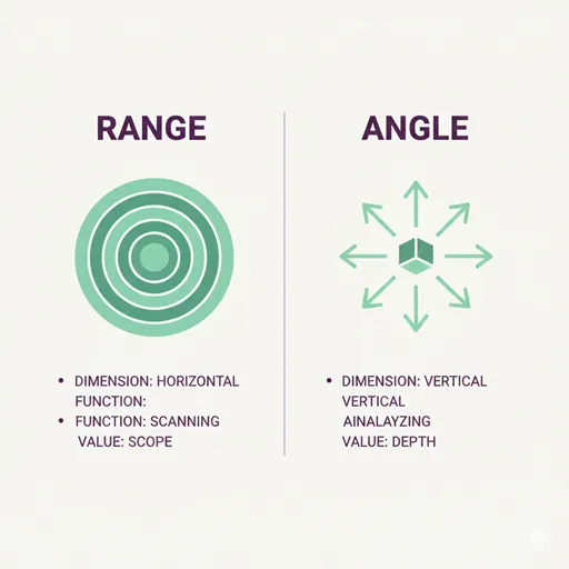 視野（RANGE / BREADTH）と視点（ANGLE / POSITION）を、次元（DIMENSION）と機能（FUNCTION）の軸で比較した英語のインフォグラフィック。