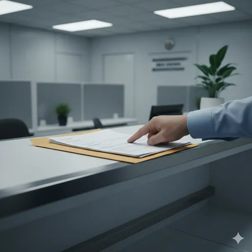 受付カウンターで、書類の不備を指し示され、受け取りを拒否されている封筒。