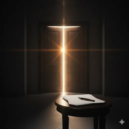 閉ざされた扉（棄却）の横に、別の開いた扉や、書き直しを始めた新しい真っ白な紙（却下からの再起）が見える光景。