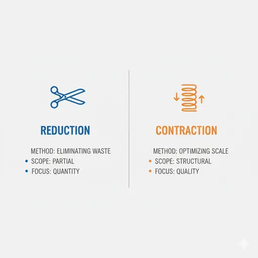 削減(REDUCTION / CUT)と縮減(CONTRACTION / DOWNSIZING)を、手法(METHOD)と対象(SCOPE)で比較した英語のインフォグラフィック。