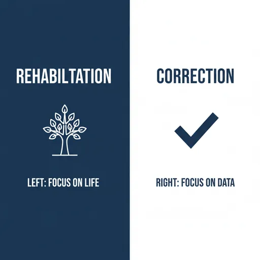 更生（REHABILITATION）と更正（CORRECTION）を、焦点（FOCUS）と成果（RESULT）で比較した英語のインフォグラフィック。
