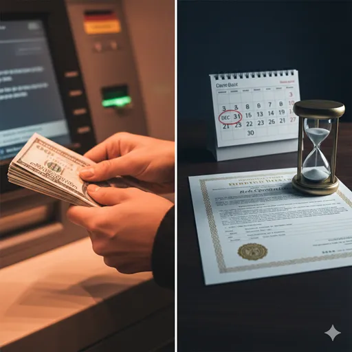 ATMで現金を戻す日常的な風景と、カレンダーの満期日に印がつけられた公式な証書の対比イメージ。