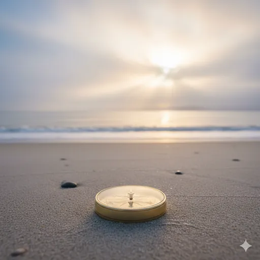 嵐が去った後の静かな海辺で、水平線に対して真っ直ぐに立ち、コンパスを見つめる人物。