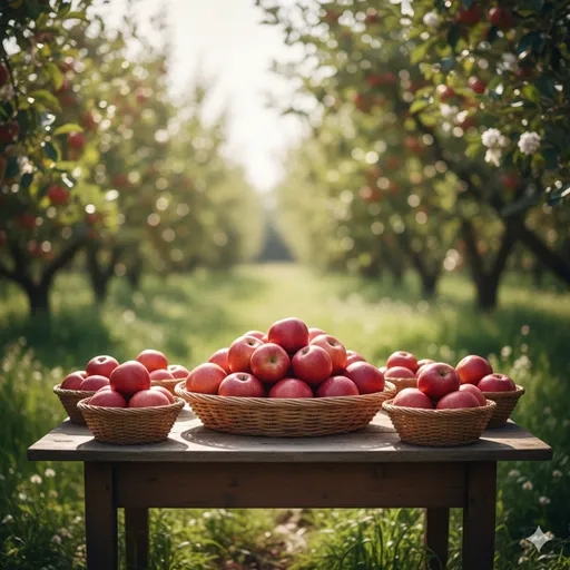 豊かな果樹園で、収穫された大量のリンゴが複数のカゴへ整然と振り分けられていく様子。