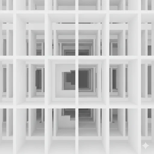 規則正しく並んだ柱と梁が作り出す、幾何学的で美しい建築の内部空間