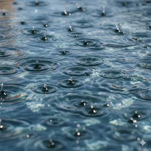 静かな水面に、予測できない場所から落ちた雨粒が重なり合い、複雑な波紋を描いている様子。