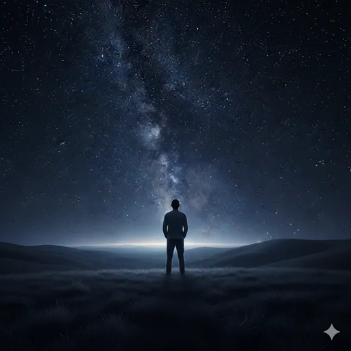 広大な星空の下で一人、夜空を見上げる旅人の後ろ姿。自分自身と向き合う高潔な時間。