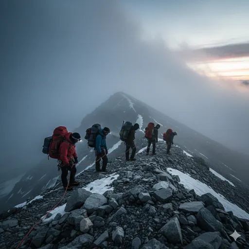 険しい山道を登る登山隊が、重い装備を手分けして背負い、互いに助け合いながら進む後ろ姿。