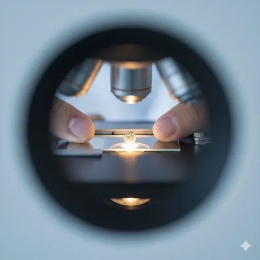 顕微鏡のレンズ越しに、特定の小さな対象物を非常に鋭いピントで観察している様子。