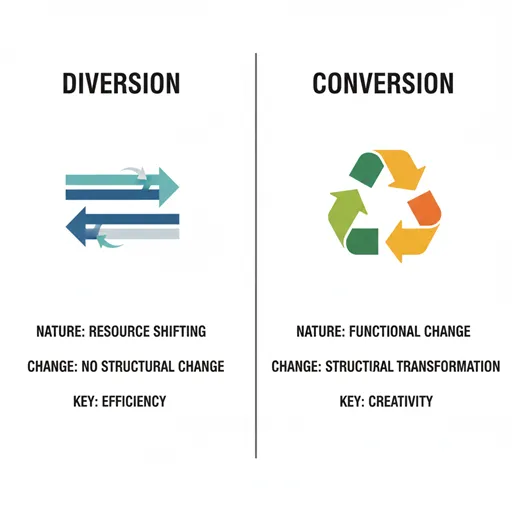 流用（DIVERSION / LATERAL USE）と転用（CONVERSION / REPURPOSING）を、性質（NATURE）と変化（CHANGE）で比較した英語のインフォグラフィック。