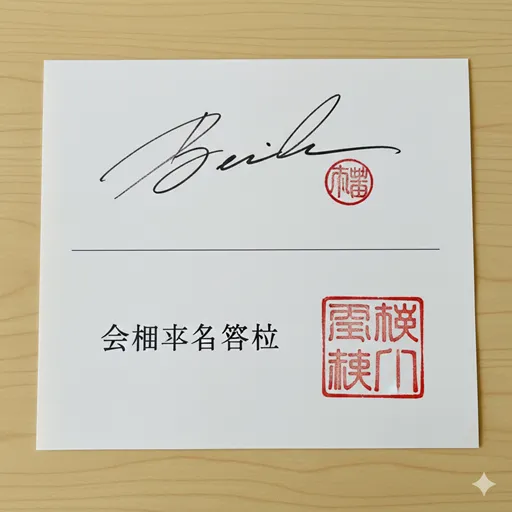 手書きのサインと印鑑(捺印)と、印刷された社名と角印(押印)を並べた比較イメージ。