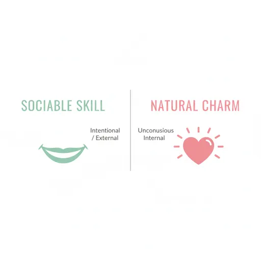 愛想（POLITE SKILL）と愛嬌（NATURAL CHARM）を、意志（WILL）と本質（NATURE）の観点で比較した英語のインフォグラフィック。