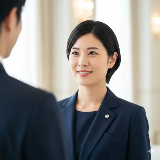 パーティーや接客の場で、礼儀正しく微笑みながら名刺を差し出したり挨拶をしたりする手元と表情。