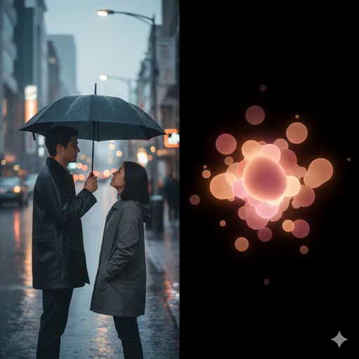 傘を差し出すという親切な行為と、ハートを連想させる温かい光の対比。