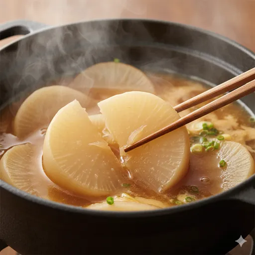 鍋の中で形が崩れるほどじっくりと煮込まれた、手応えのない大根やカボチャ。