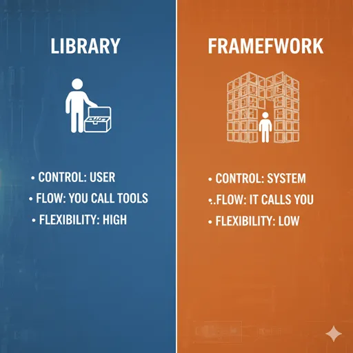 ライブラリ(LIBRARY / TOOLS)とフレームワーク(FRAMEWORK / STRUCTURE)を、制御(CONTROL)とフロー(FLOW)の軸で比較した英語のインフォグラフィック