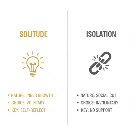 孤独（SOLITUDE / INNER）と孤立（ISOLATION / SOCIAL）を、性質（NATURE）と選択（CHOICE）で比較した英語のインフォグラフィック。