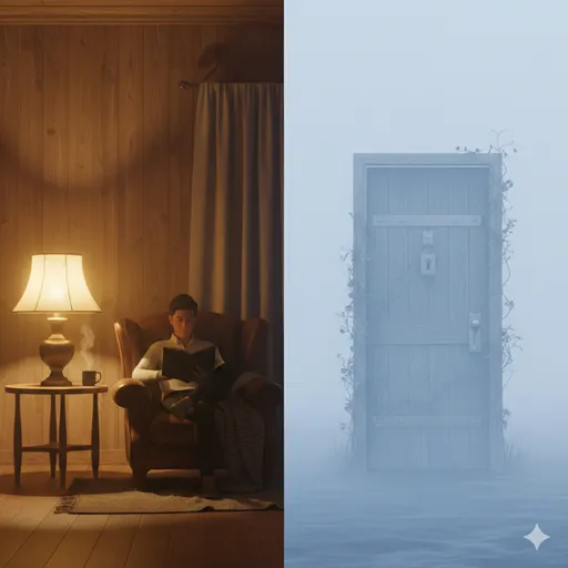 穏やかな光の中で読書を楽しむ人物（孤独）と、霧の中の閉ざされた扉（孤立）を対比させたビジュアル。
