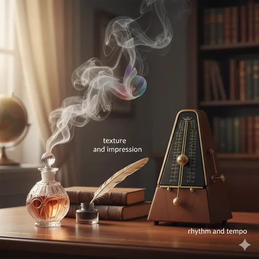 繊細な香りが立ち上る香水瓶（語感）と、正確なリズムを刻むメトロノーム（語呂）が並んでいる、静かで知的な空間。