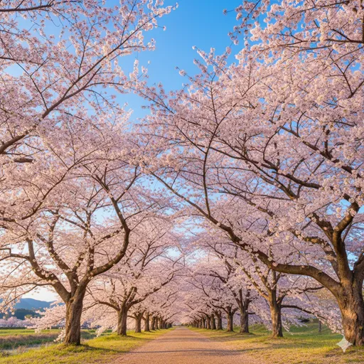 満開の桜並木の下を、穏やかな陽光を浴びながら歩く人々。春の暖かい気温を象徴する風景。