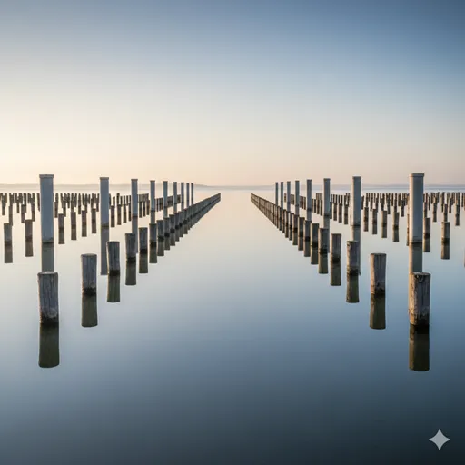 等間隔に並んだ同じ高さの柱、または穏やかな水面を一定の速度で進むボート。