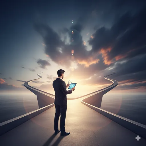 二股に分かれた道の前に立ち、地図を見ながら進むべき方向を指差すプロフェッショナルの姿。