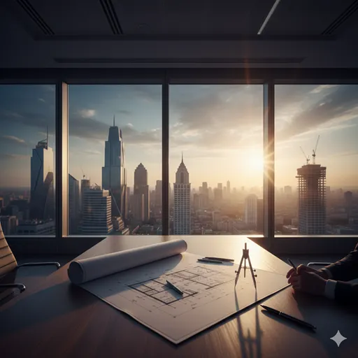 遠くを見据える経営者の背中と、手元にある正確な設計図、そして窓の外に広がる成長した都市。