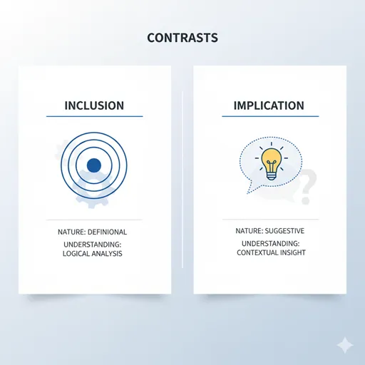 内含（INCLUSION / STRUCTURAL）と含意（IMPLICATION / CONTEXTUAL）を、性質（NATURE）と理解（READING）で比較した英語のインフォグラフィック。