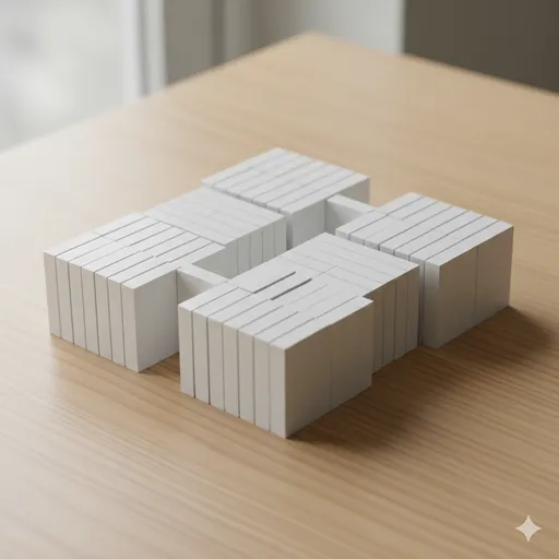 タイプライターのキーや、整然と並べられた積み木のブロックが、一つの形を作り上げている様子。