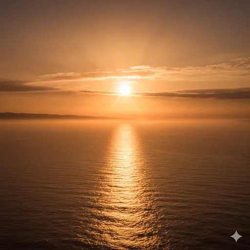 暗い海の上で、地平線から太陽が昇り、世界が黄金色に染まり始める夜明けの風景。