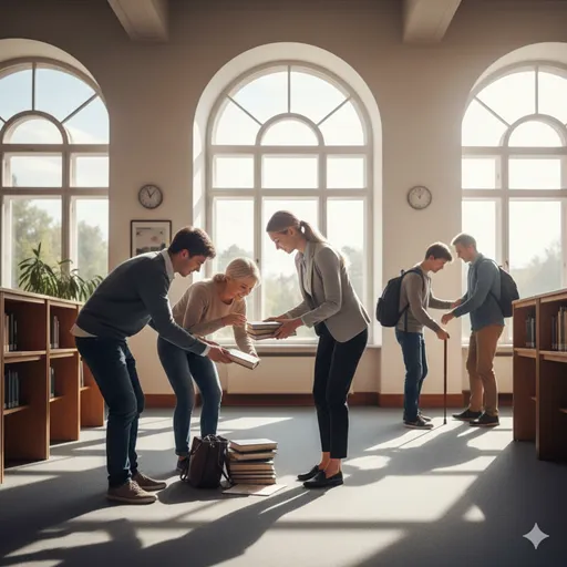 倒れそうな本を支える手や、重い荷物を持つのを手伝う様子など、日常の中の「手厚い親切」。