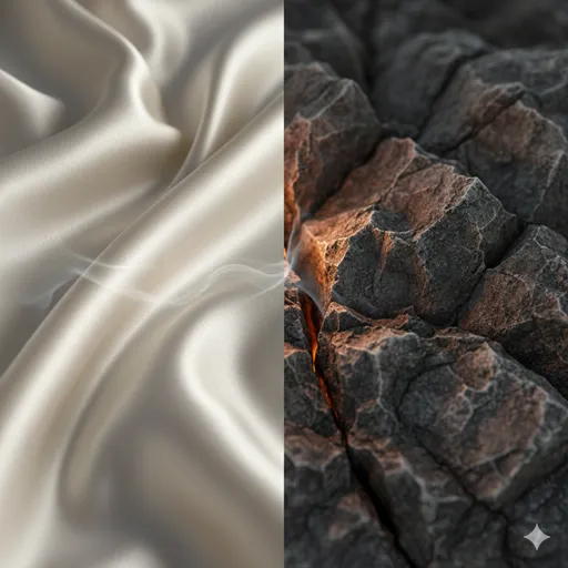 滑らかなシルクの布と、対照的にザラザラとした質感の岩が並び、手触り（質感）の違いを象徴している様子。