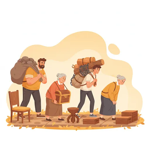 重さの違う荷物を持つ人々に合わせて、支えの長さを変えている温かみのあるイラスト。