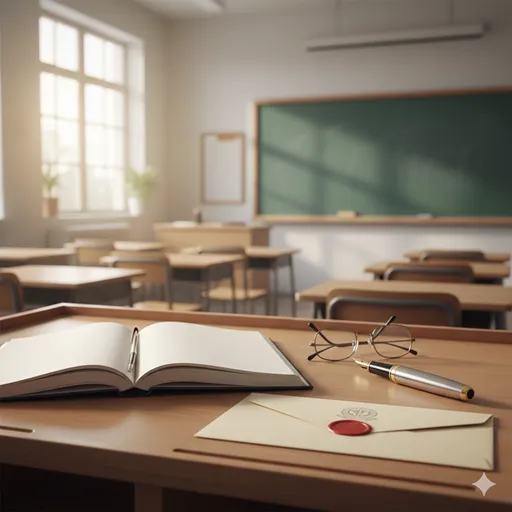 黒板の前に立つ人物と、その背景に広がる学校組織の構造、そして公式な証明書を象徴するイメージ。