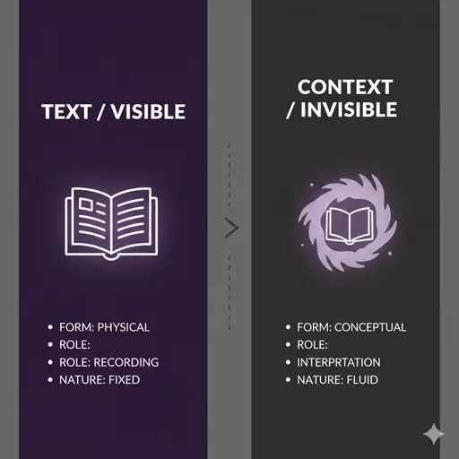 文章（TEXT / VISIBLE）と文脈（CONTEXT / INVISIBLE）を、形態（FORM）と役割（ROLE）で比較した英語のインフォグラフィック。