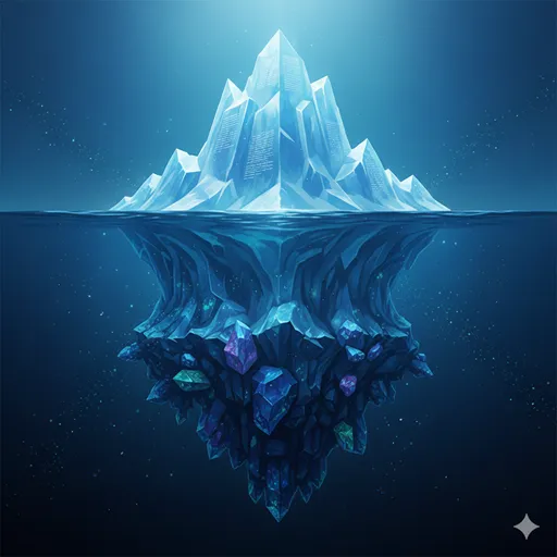 海面に浮かぶ氷山の一角（文章）と、海面下に広がる巨大な氷の塊（文脈）の対比。