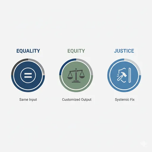 平等（EQUALITY）、公平（EQUITY）、公正（JUSTICE）の三つの柱を、入力・出力・構造の観点で比較した英語のインフォグラフィック。