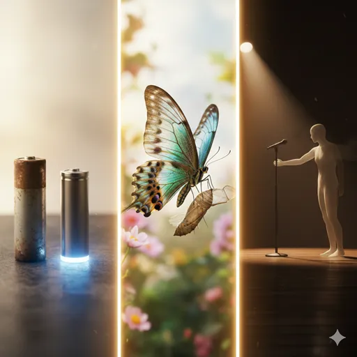 新しい電池への交換（替える）、青虫から蝶への変態（変える）、主役の代わりにスポットライトを浴びる代役（代える）を象徴的に配置したメインビジュアル。