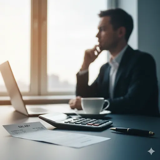 デスクに置かれた給与明細と、それを見つめながら将来の計画を立てるビジネスパーソンの落ち着いた風景。