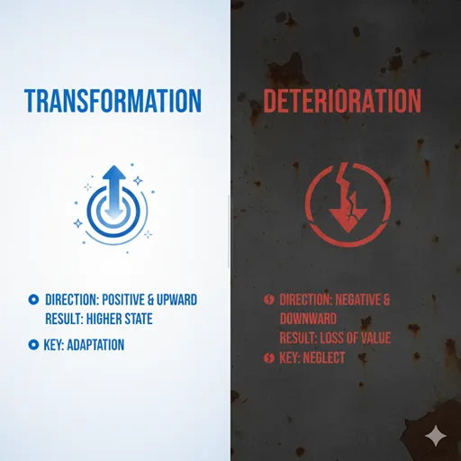 変容(TRANSFORMATION / EVOLUTION)と変質(DETERIORATION / CORRUPTION)を、方向(DIRECTION)と結果(RESULT)で比較した英語のインフォグラフィック。
