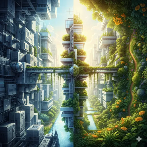 荒野に一本の道を作るための重機（議論）と、その道沿いに木を植え育てる手（対話）が調和しているイメージ。